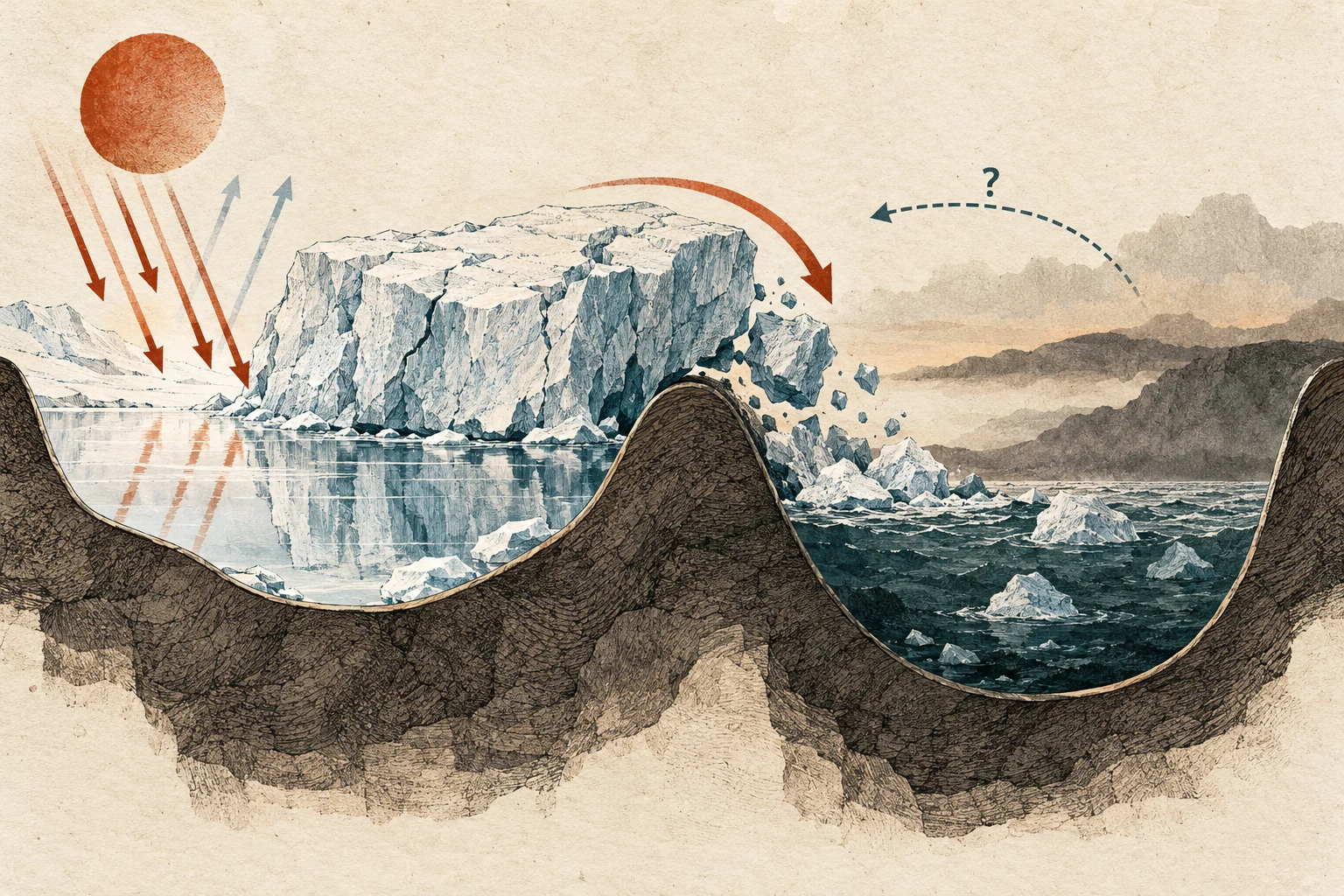 Visual metaphor for “Climate tipping points”. Once pushed past a threshold, a system can shift into a new state that is hard to reverse; the illustration does not plot a measurement of a specific climate threshold.