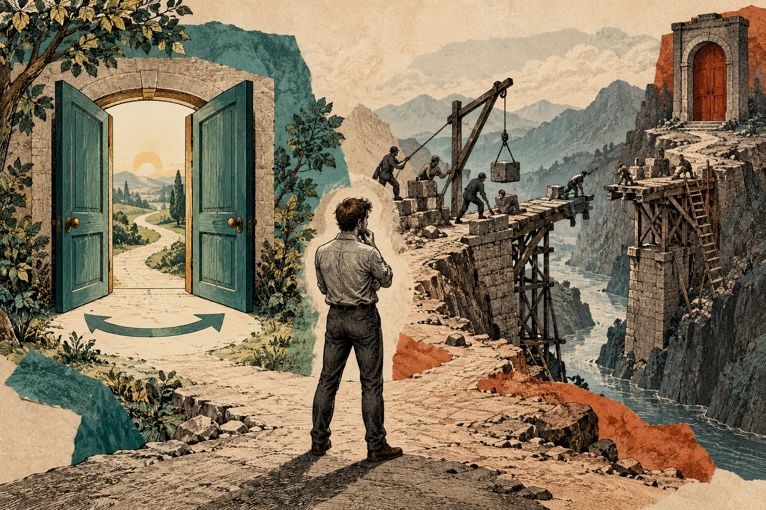 Visual metaphor for “Decision reversibility”. One doorway allows easy return while the other requires costly reconstruction; the degree of reversibility shapes how carefully a decision should be made.