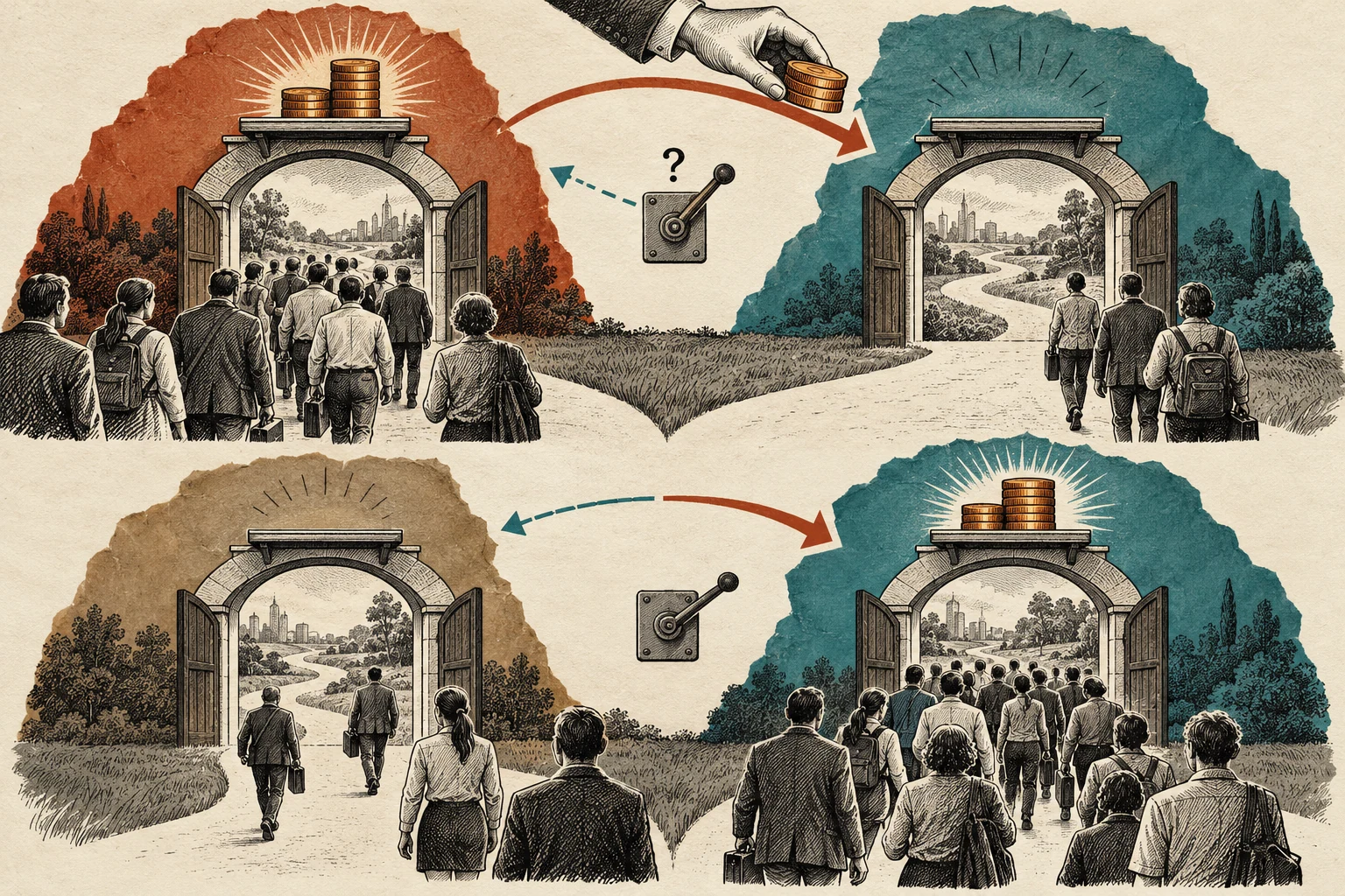 Visual metaphor for “Incentives”. Moving the reward shifts the direction of participants' behavior, as structures of payoff and cost often steer action more strongly than stated intentions.