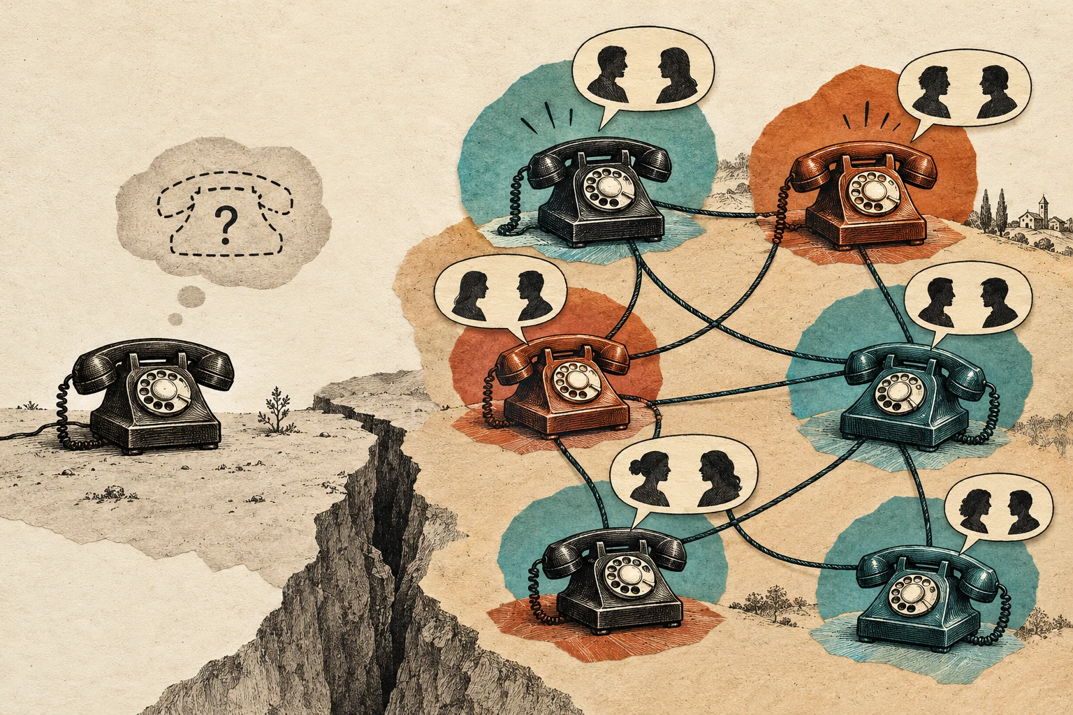 Visual metaphor for “Network effects”. A telephone becomes more useful as more people can be reached through it; the value of participating depends on the presence of others.