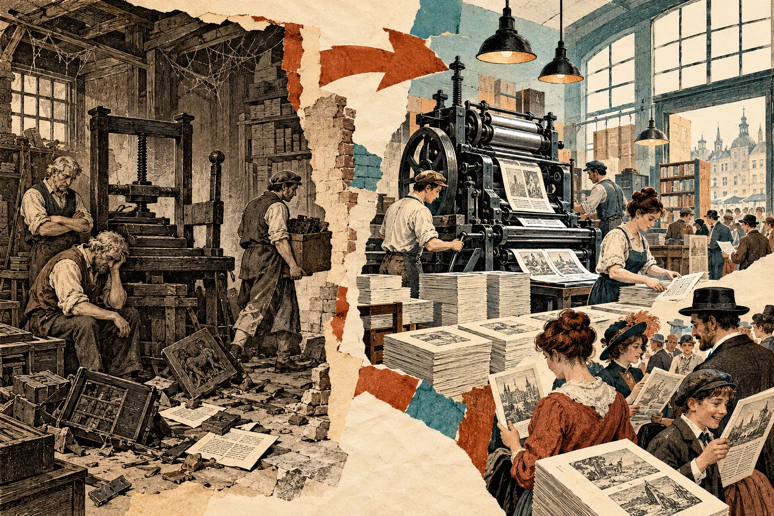 Visual metaphor for “Creative destruction”. A new production method opens up possibilities while displacing older workshops and skills, distributing gains and losses unevenly.