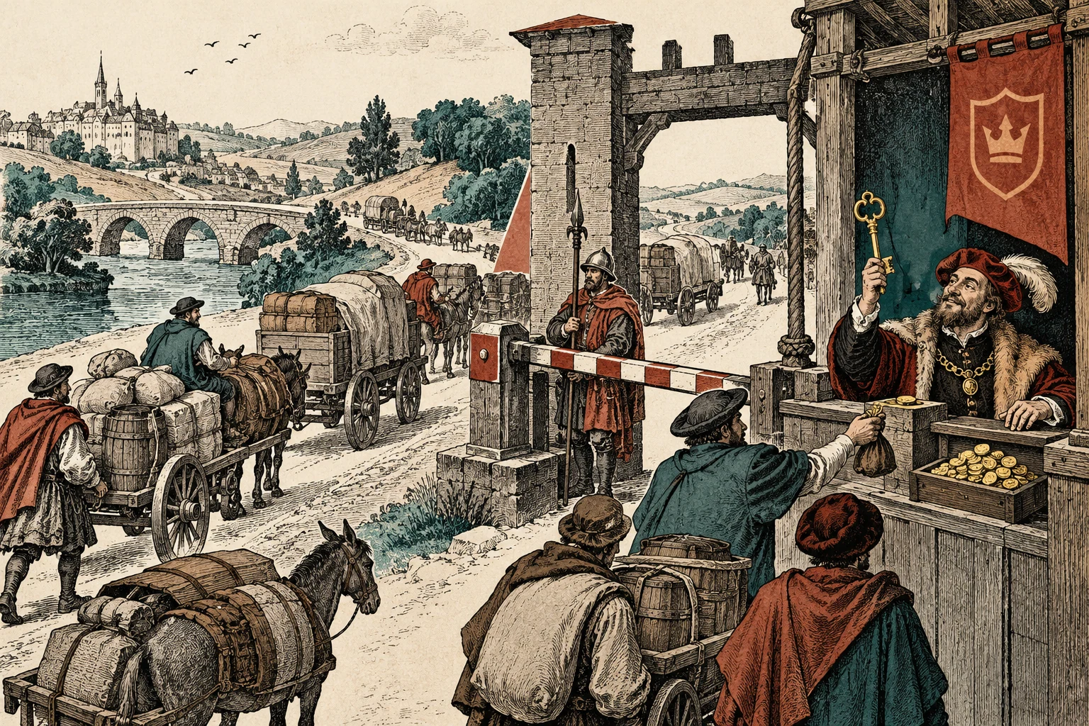 Visual metaphor for “Rent-seeking”. Controlling a gate makes it possible to extract payment for mere access, so profit stems from a privileged position rather than creating new value.