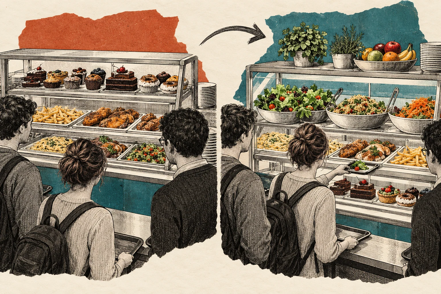 Visual metaphor for “Nudge and behavioral economics”. Rearranging the available dishes changes how easy each option is to pick; alternatives remain open, but choice architecture guides attention and action.