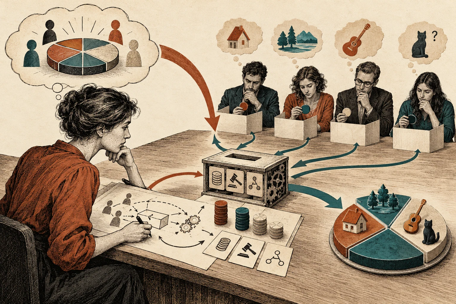 Visual metaphor for “Mechanism design”. The designer starts from the desired outcome and crafts rules for participants who act on their own interests and private information.