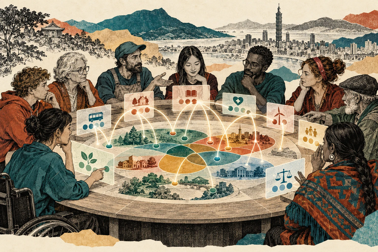 Visual metaphor for “Plurality”. Differences in perspective become a resource for joint decision-making, with technology supporting cooperation without flattening everyone into a single opinion.