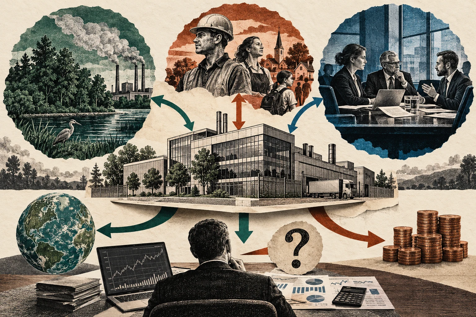 Visual metaphor for “ESG”. Evaluating an organization spans its environmental impact, treatment of people, and governance, though the mere presence of a report or score does not prove good outcomes.