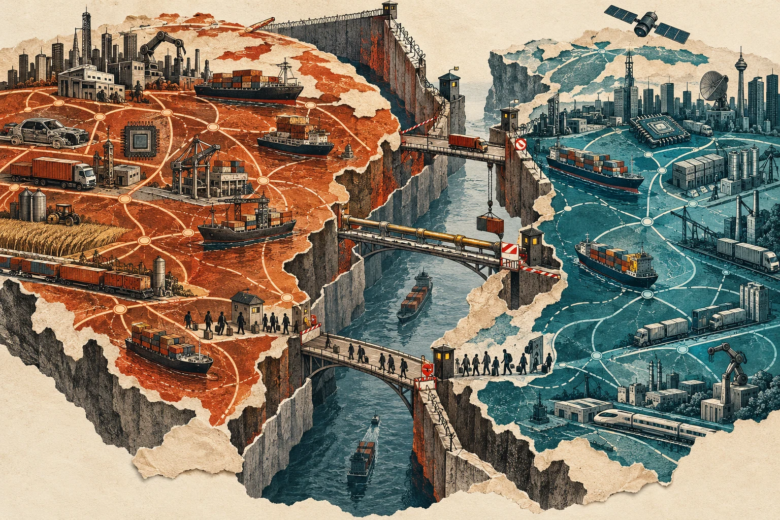 Visual metaphor for “Geoeconomic fragmentation”. The economy splits into blocs with greater friction in the flow of goods, technology, and capital as political divides reorganize network ties.