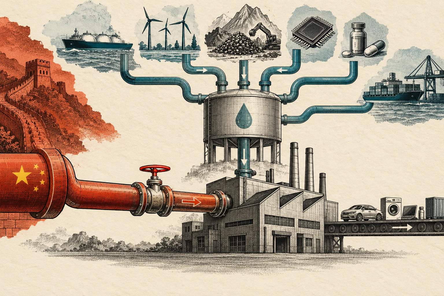 Visual metaphor for “De-risking”. Additional suppliers and reserves reduce reliance on a single route while keeping the original link open—diversifying rather than severing ties completely.