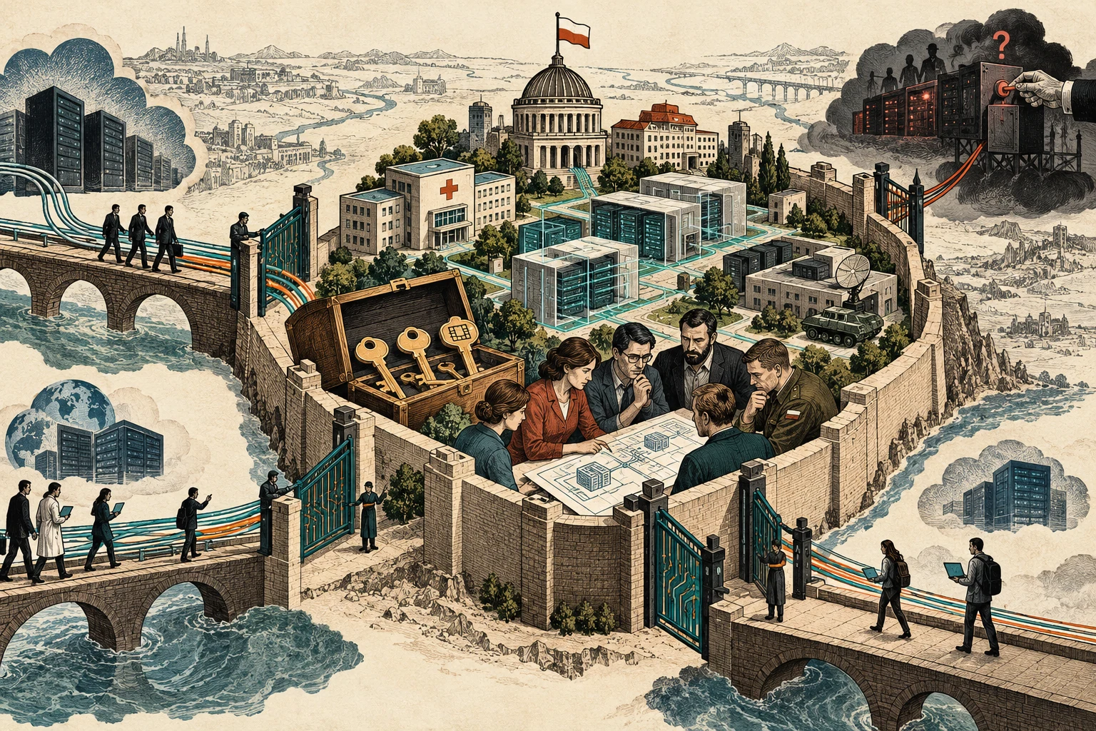 Visual metaphor for “Digital sovereignty”. A community holds the keys and decision-making power over its data infrastructure, allowing connections to external services without surrendering full control.