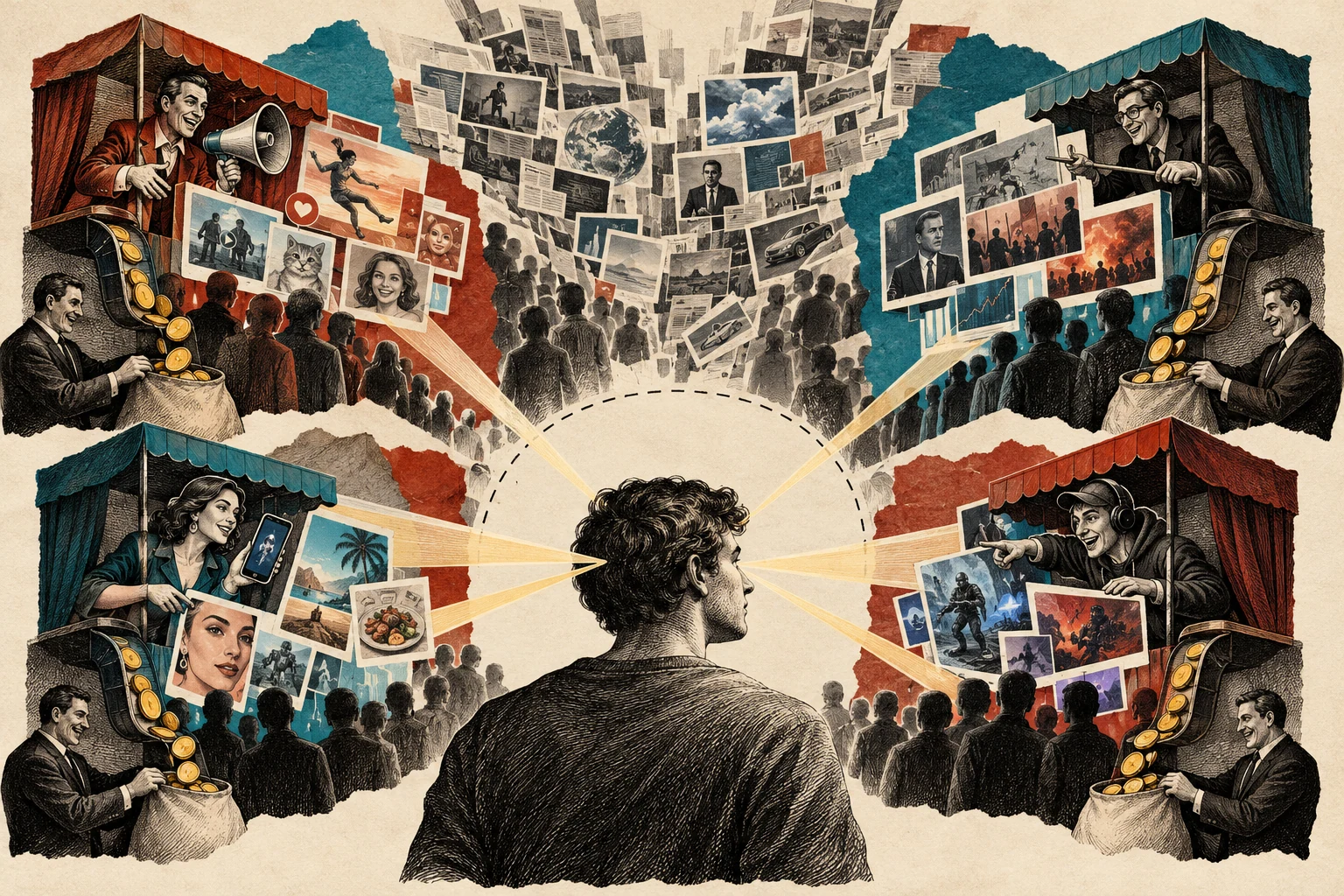 Visual metaphor for “Attention economy”. Media outlets compete for limited user attention and convert it into revenue; more available content does not create more time to take it in.