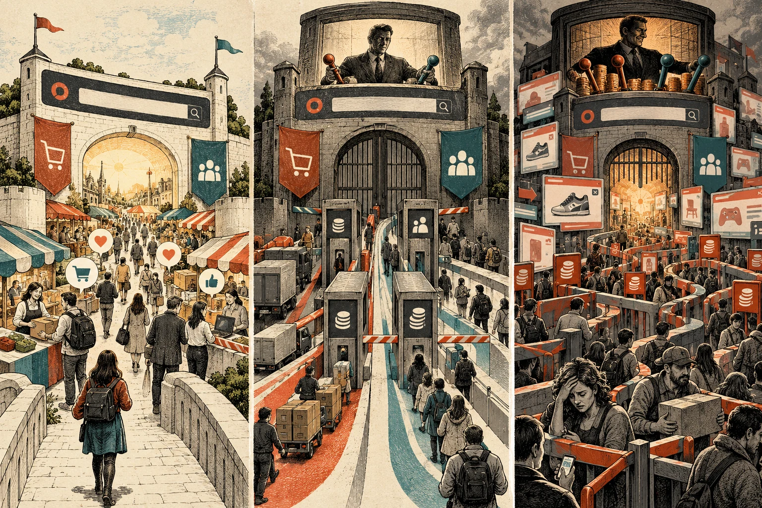 Visual metaphor for “Enshittification”. The same platform gradually worsens terms for both users and sellers, exploiting their lock-in and dependence on market access.