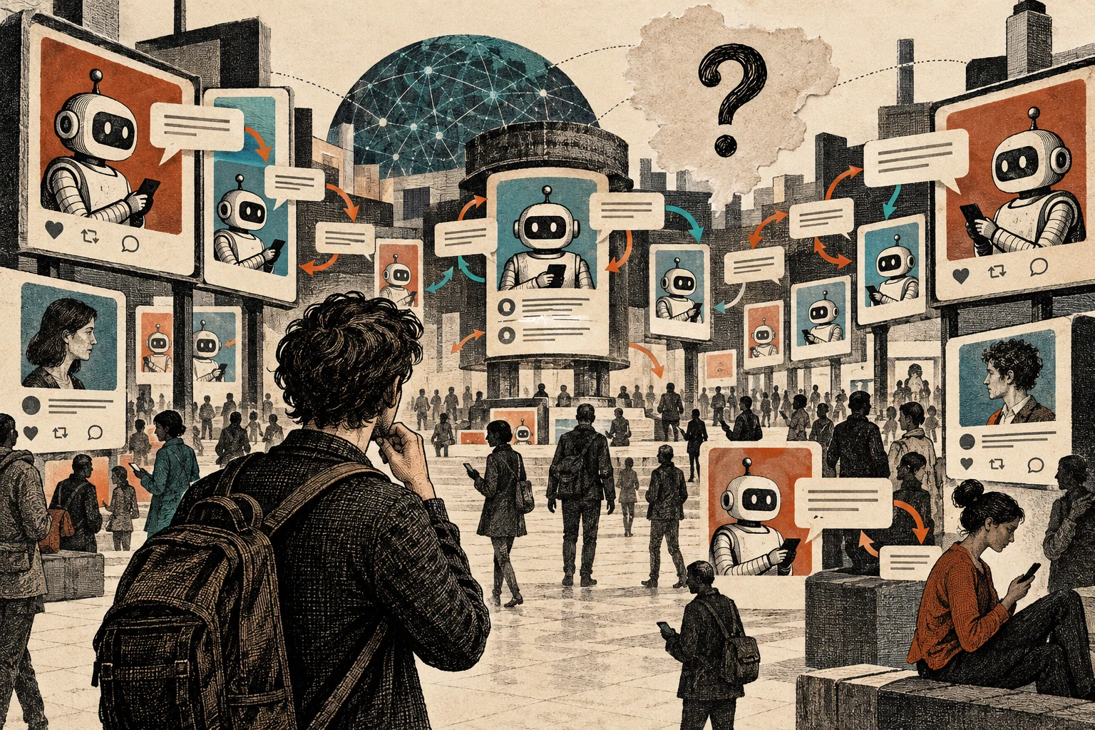 Visual metaphor for “Dead internet theory”. Automated profiles stage the appearance of public conversation; the image illustrates a hypothesis about the scale of online automation rather than proving humans have vanished.