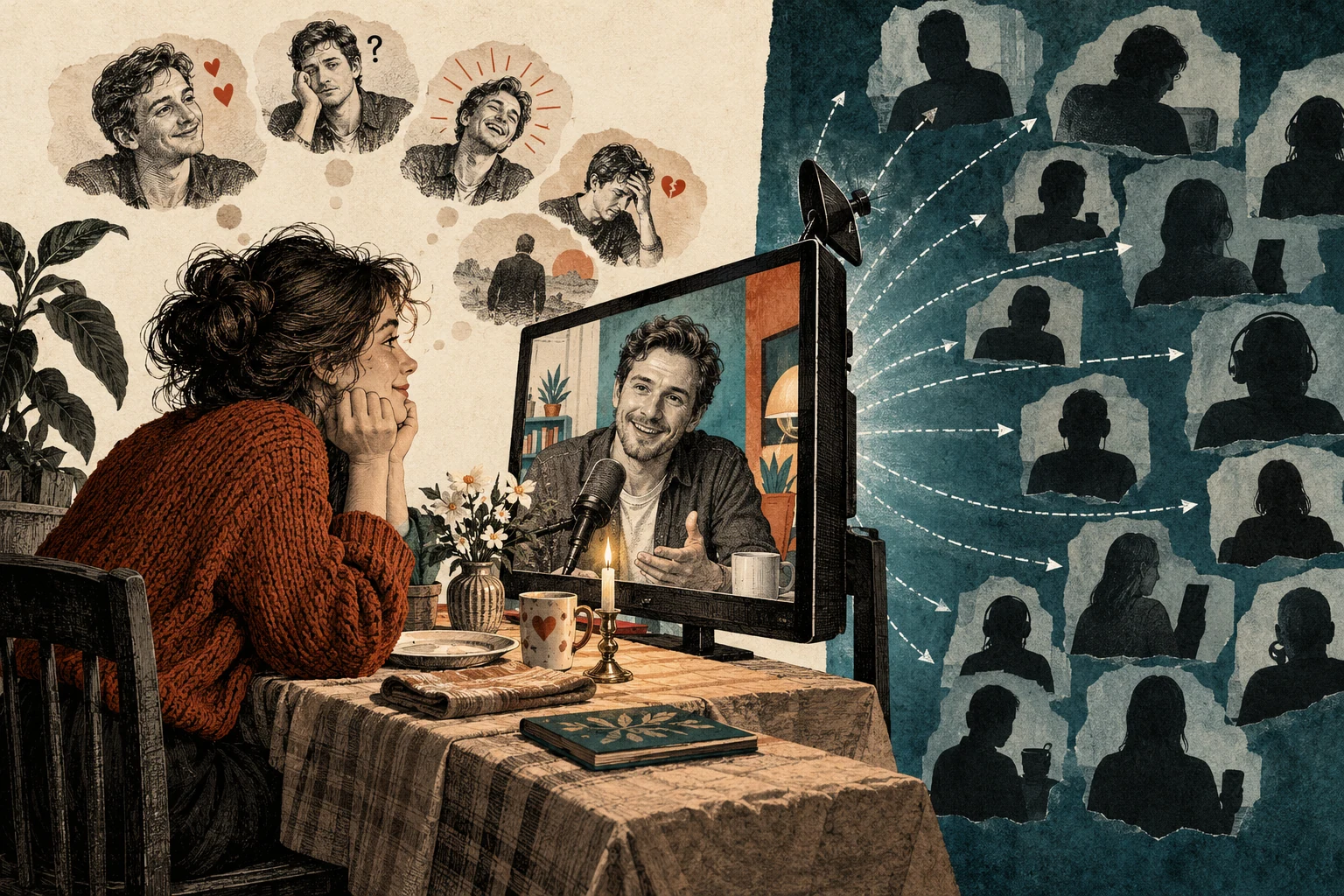 Visual metaphor for “Parasocial relationships”. A viewer feels personal closeness to someone on screen even though the broadcast addresses a crowd of strangers, forming an asymmetric bond.