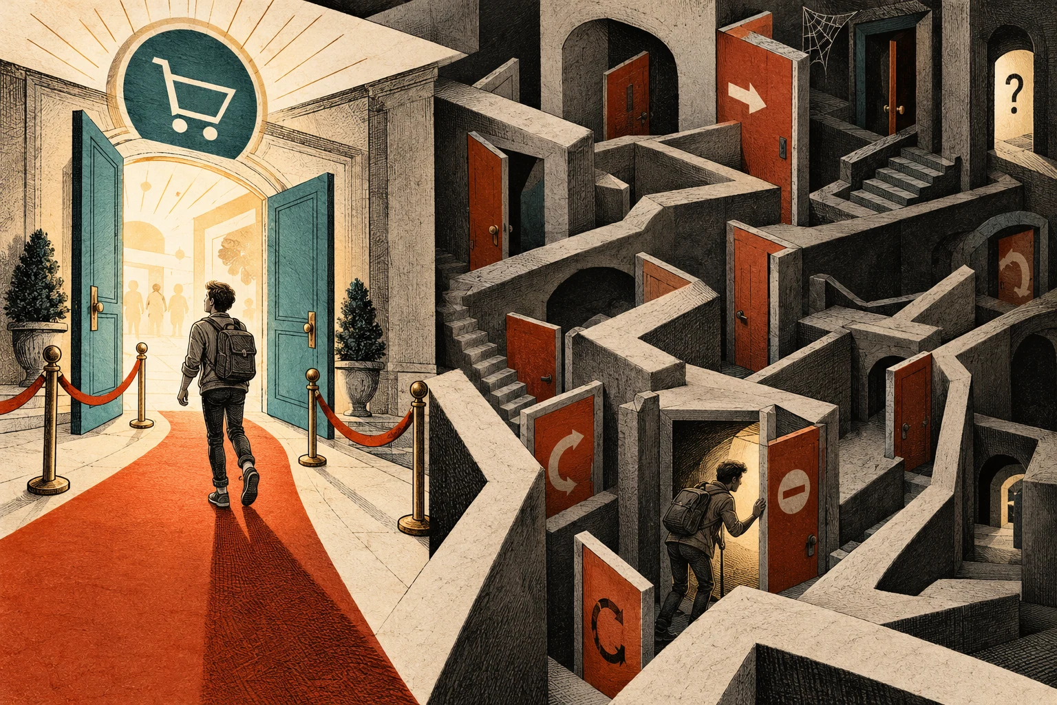 Visual metaphor for “Dark patterns”. Signing up is effortless while canceling leads through a maze; the interface obstructs choices unfavorable to the provider even while leaving an exit formally available.