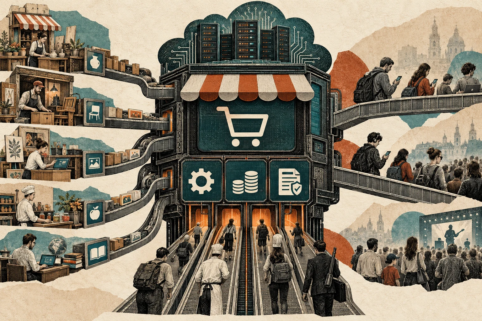 Visual metaphor for “Platformization”. More and more independent activities must pass through a shared platform, giving the intermediary power over access rules, visibility, and terms of exchange.