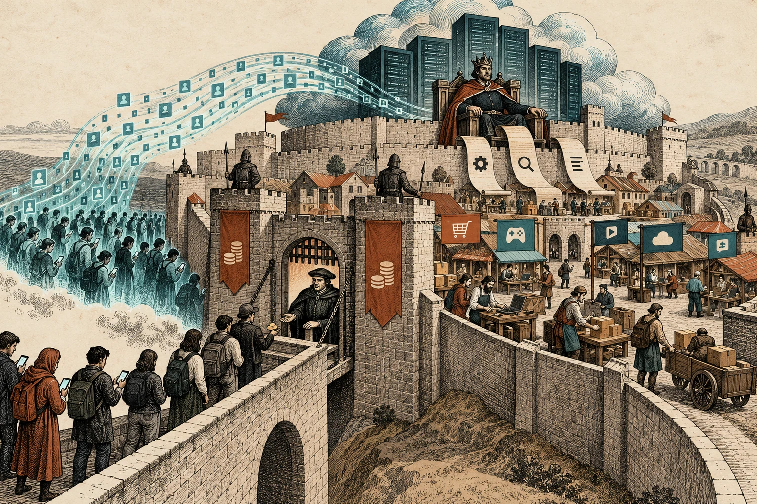 Visual metaphor for “Technofeudalism”. A private owner of digital infrastructure extracts fees from dependent participants; the feudal setting depicts a contested economic analogy rather than a literal return to the Middle Ages.