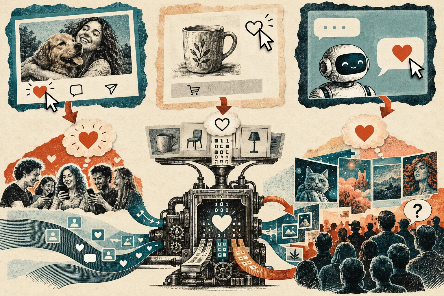 Visual metaphor for “Digital semiotics”. A symbol's meaning depends on digital context, interpretation, and available action, so a similar sign can trigger different practices.