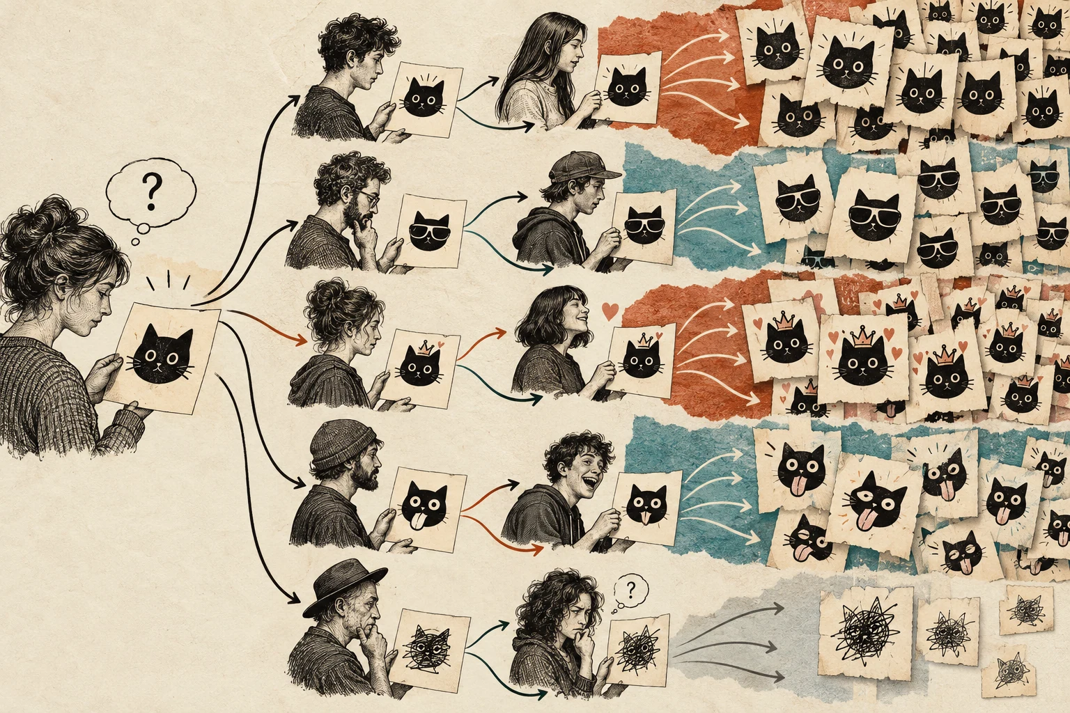Visual metaphor for “Memetics”. A motif is copied, altered, and passed along; differing popularity illustrates cultural selection as an analogy rather than a literal genetic mechanism.