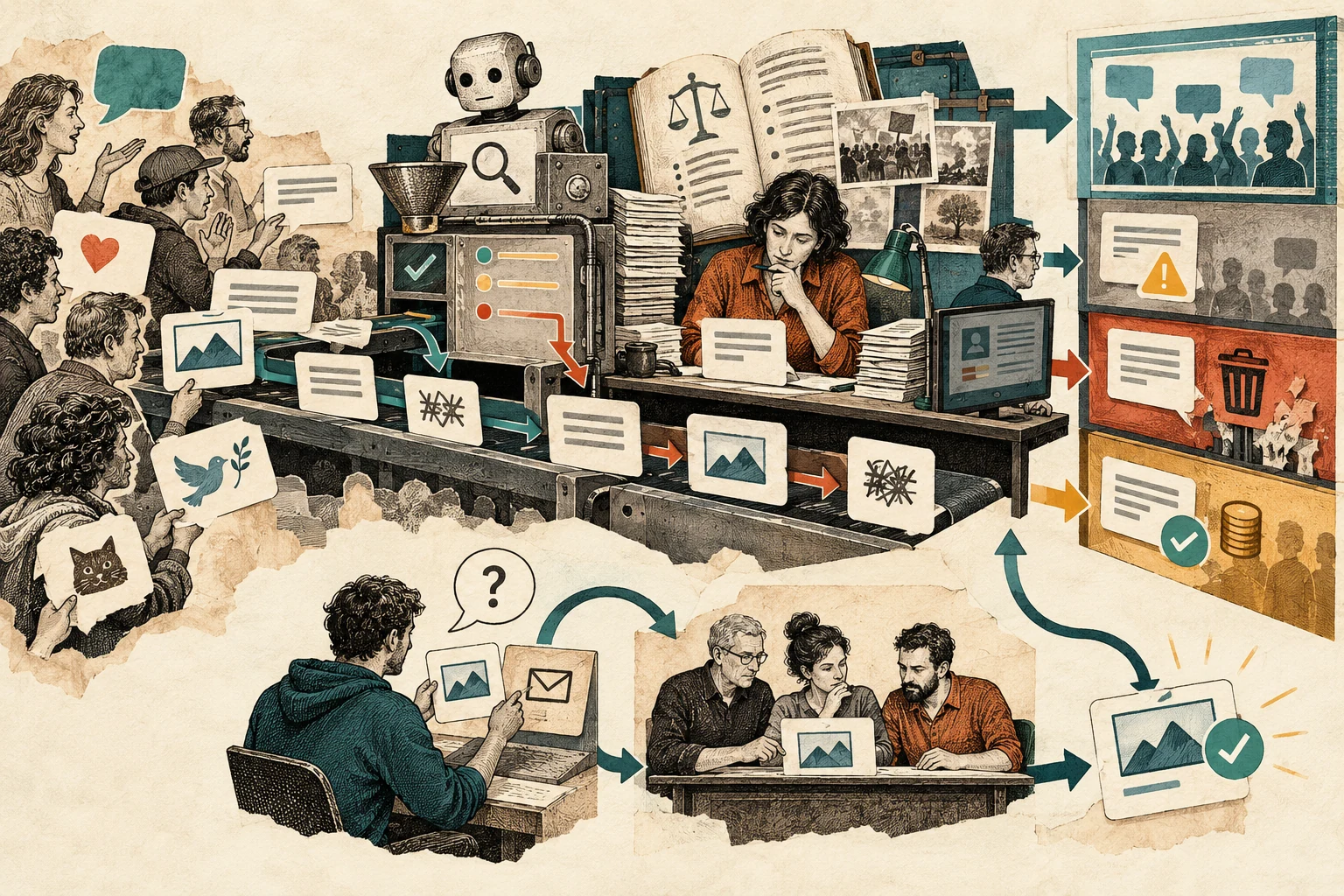 Visual metaphor for “Content moderation”. Content is reviewed against rules and context with decisions subject to appeal, showing that moderation involves much more than simple deletion.