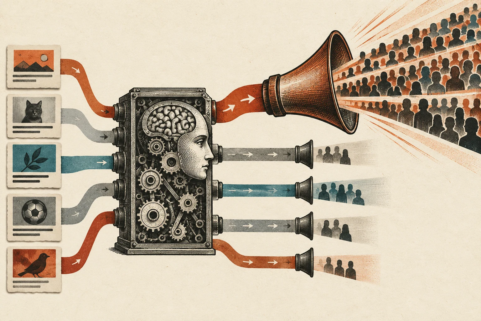 Visual metaphor for “Algorithmic amplification”. A recommendation engine gives a selected post vastly greater reach; amplified distribution by itself says nothing about quality or truth.