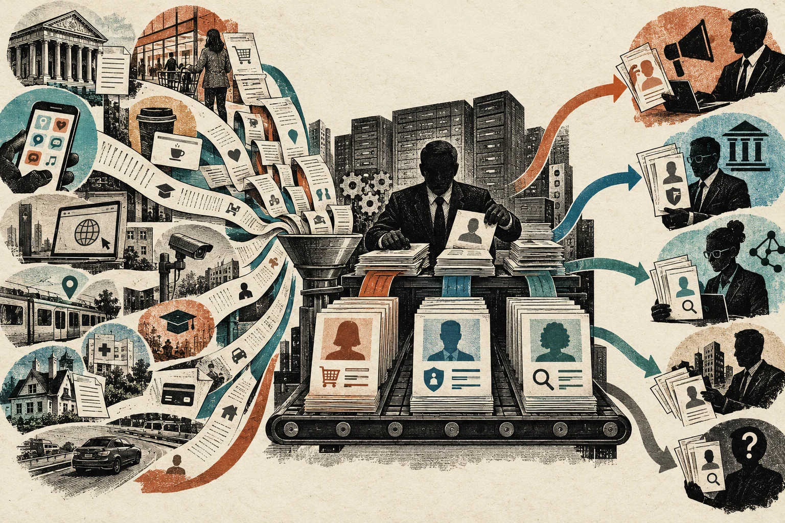 Visual metaphor for “Data brokers”. Scattered traces are stitched into profiles sold to downstream buyers, as the broker extracts commercial value from data aggregation.