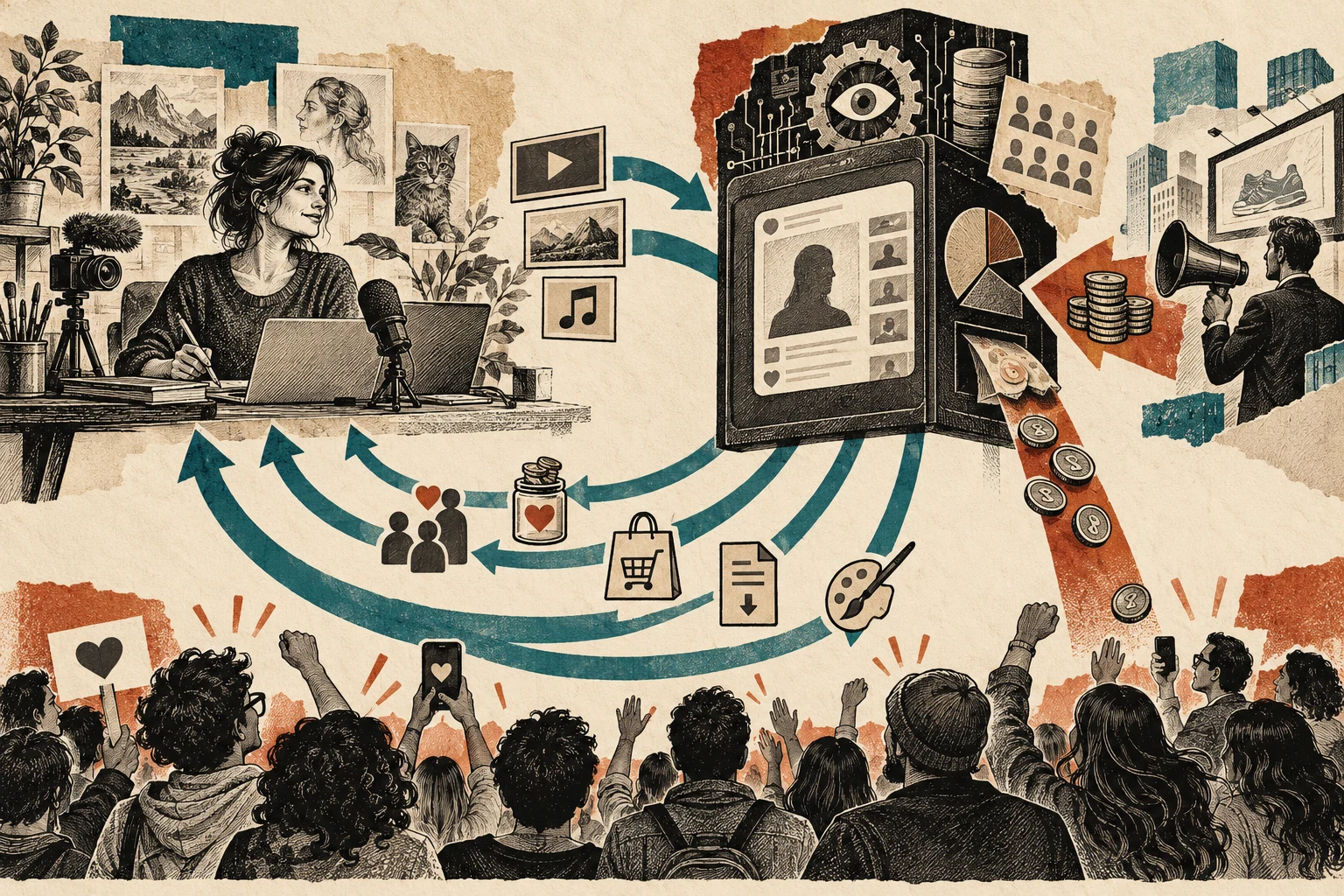 Visual metaphor for “Creator economy”. A creator sustains an audience relationship through content, commissions, and varied forms of support while the platform mediates the exchange and takes a cut.