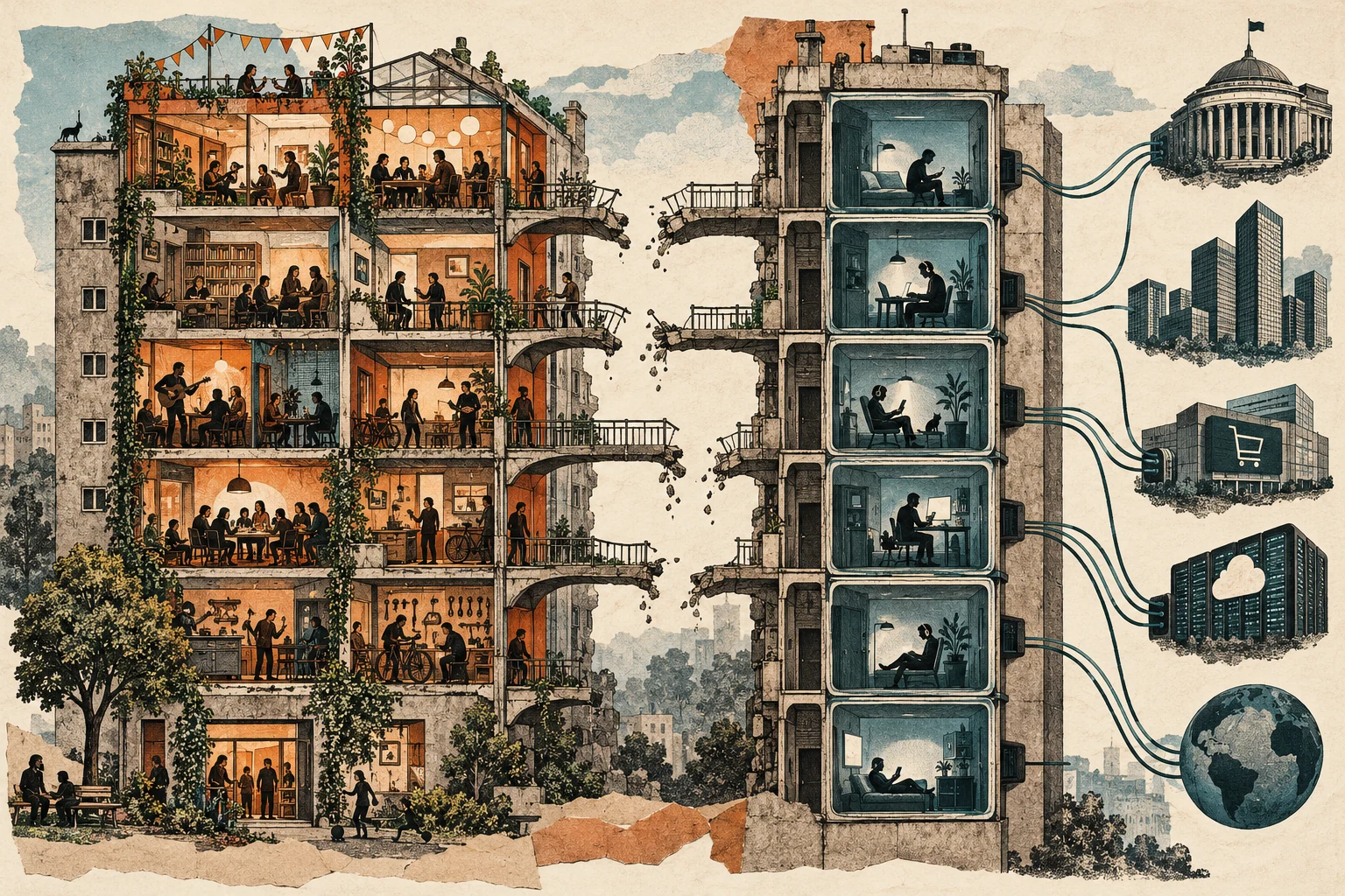 Visual metaphor for “Social atomization”. Horizontal ties between neighbors fray even as each person remains connected to centralized services, illustrating the weakening of intermediate social bonds.