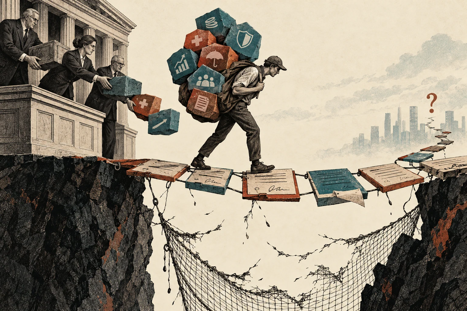 Visual metaphor for “Precarization”. Short, uncertain stints of work replace a stable path, shifting more risk and responsibility for future security onto the worker.