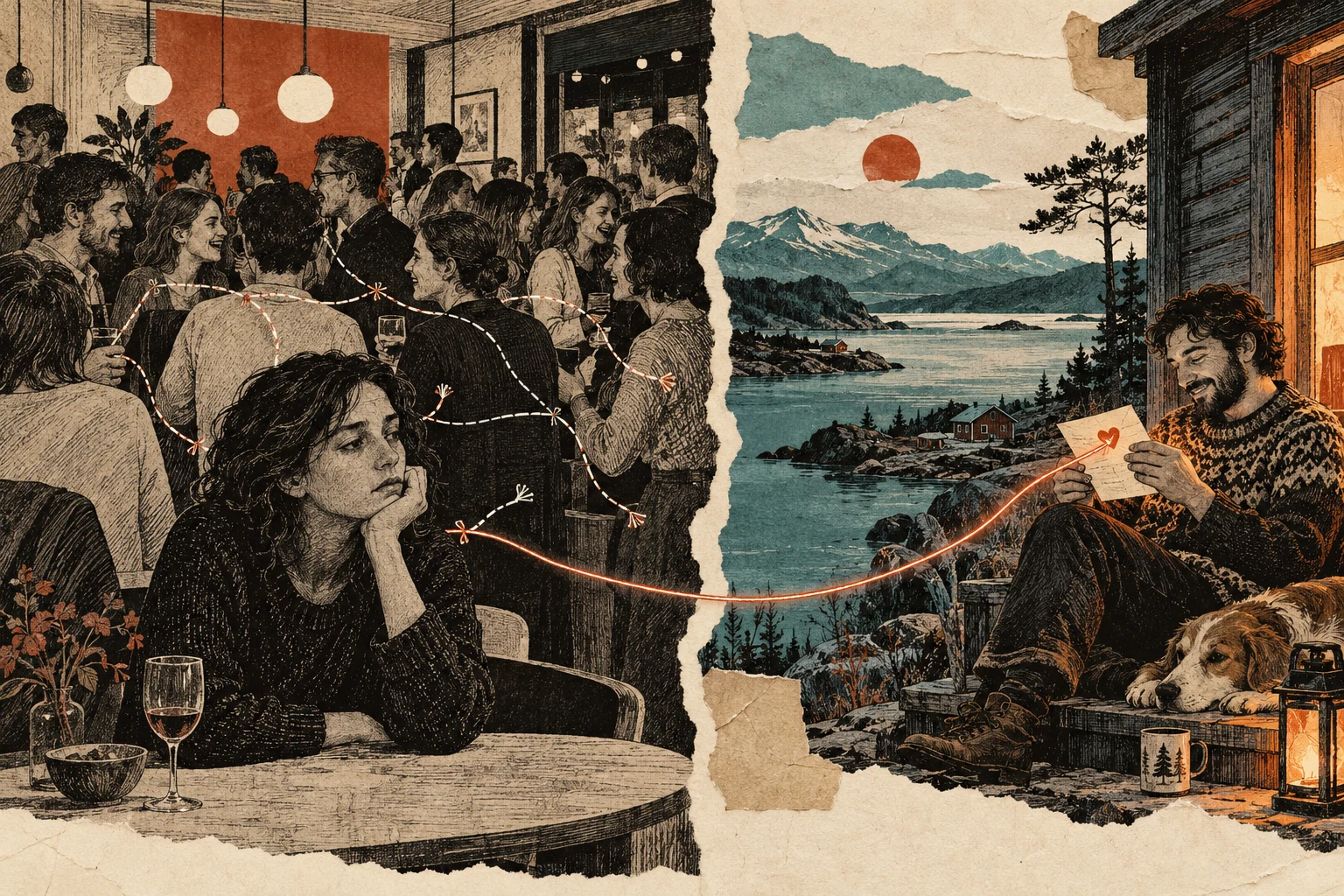 Visual metaphor for “Loneliness epidemic”. One can feel lonely in a crowd or feel closely connected while alone; the number of contacts and the felt sense of closeness are distinct dimensions.