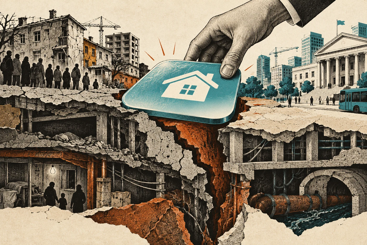 Visual metaphor for “Technological solutionism”. A slick interface fix papers over the deeper structure of a problem; the critique targets reducing complex social issues to a task for a single technology.