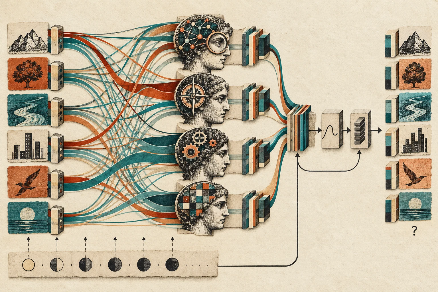 Visual metaphor for “Transformer”. Sequence elements gain context through weighted relations to other elements, with multiple attention heads capturing distinct dependencies without implying human consciousness.