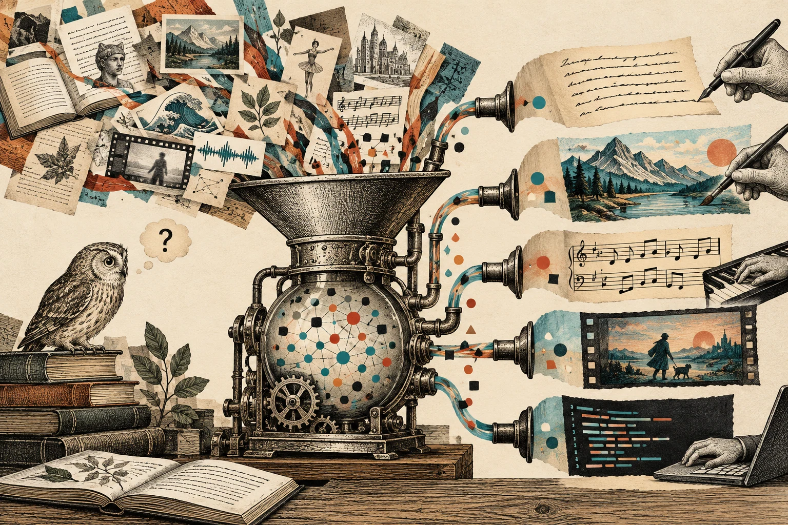 Visual metaphor for “Generative AI”. Learned regularities are used to produce new text, images, or audio; generation is neither simple copying nor a guarantee of originality or truth.