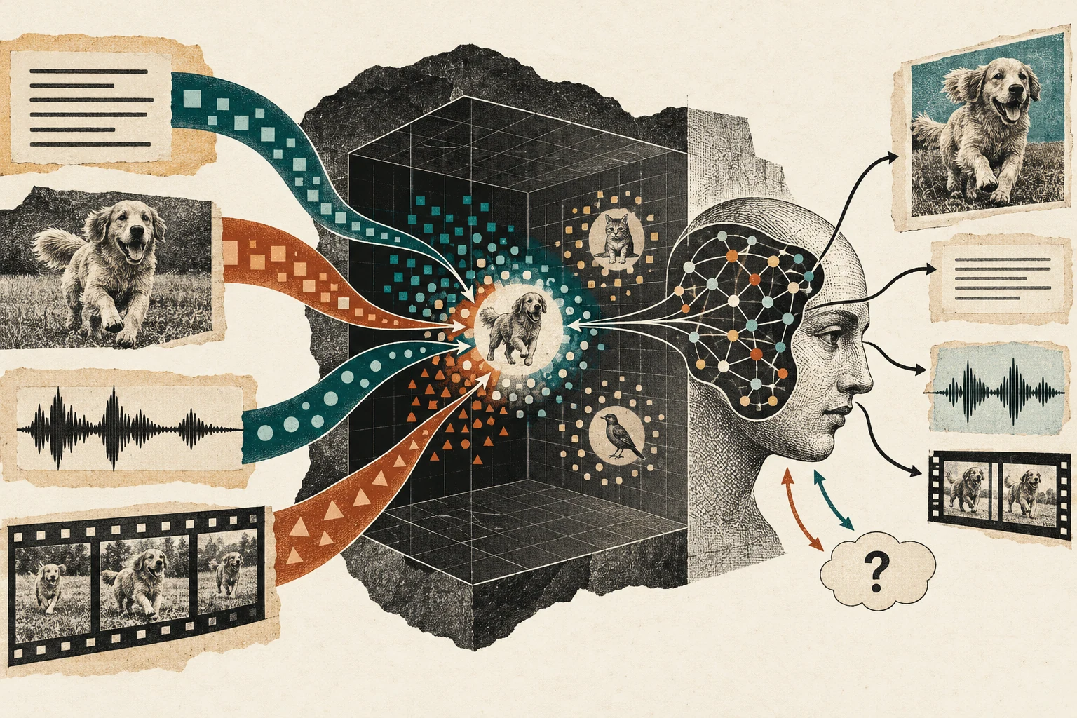 Visual metaphor for “Multimodality”. Information from image, sound, and text converges in a shared representation, drawing power from relationships across modalities.