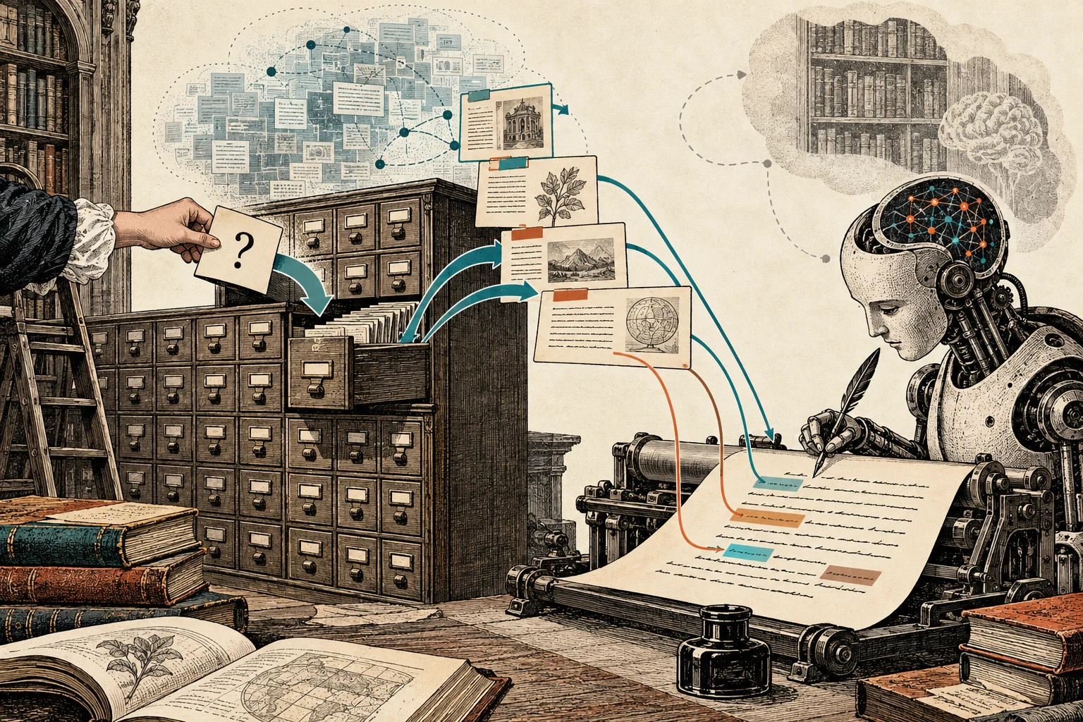 Visual metaphor for “RAG (Retrieval-Augmented Generation)”. Retrieving external documents precedes drafting the response; source links aid verification but do not guarantee that retrieved passages are pertinent or true.