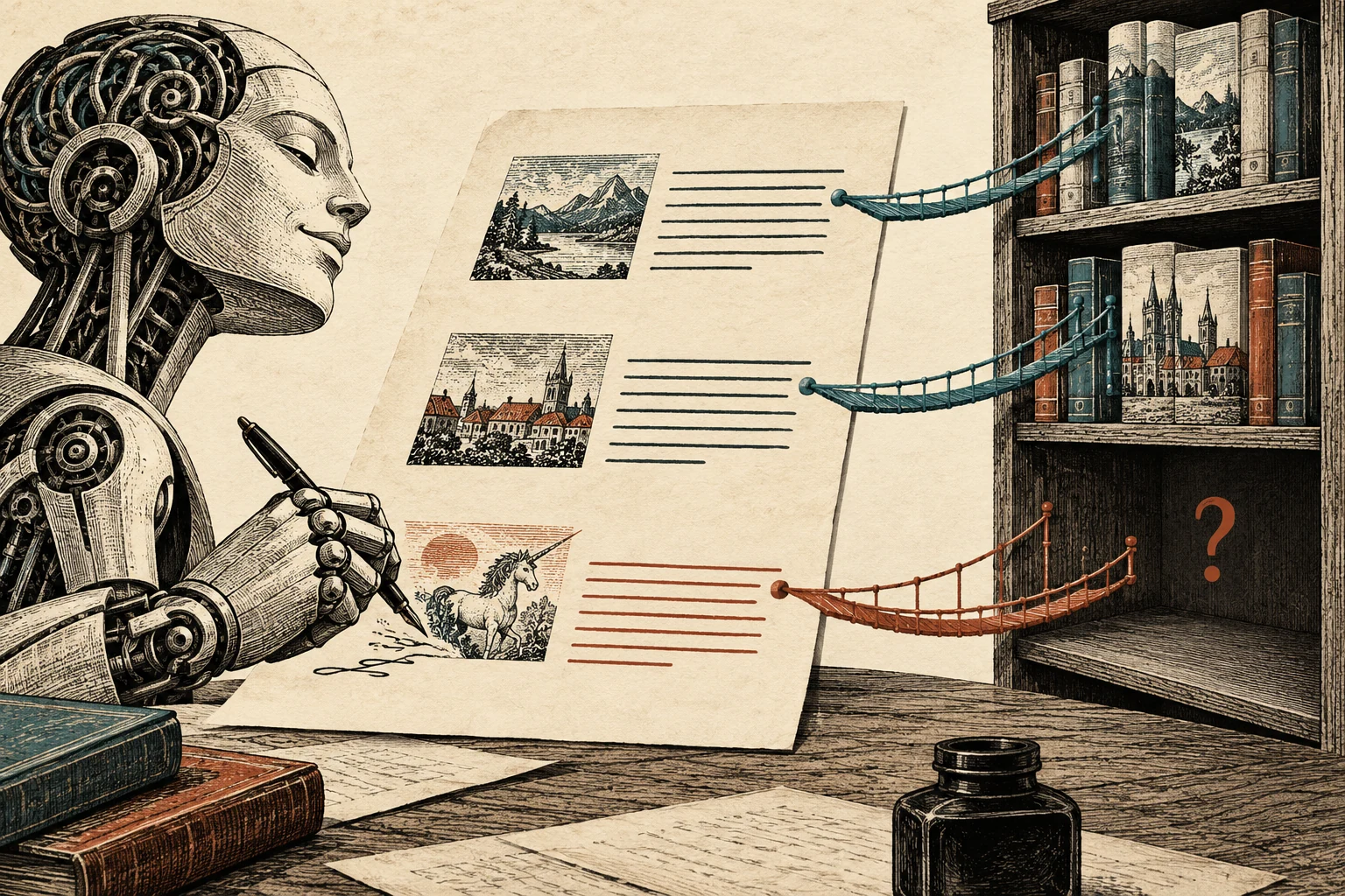 Visual metaphor for “Model hallucinations”. A fluent passage in the output leads to an empty source shelf; a plausible tone does not automatically distinguish grounded claims from fabrication.