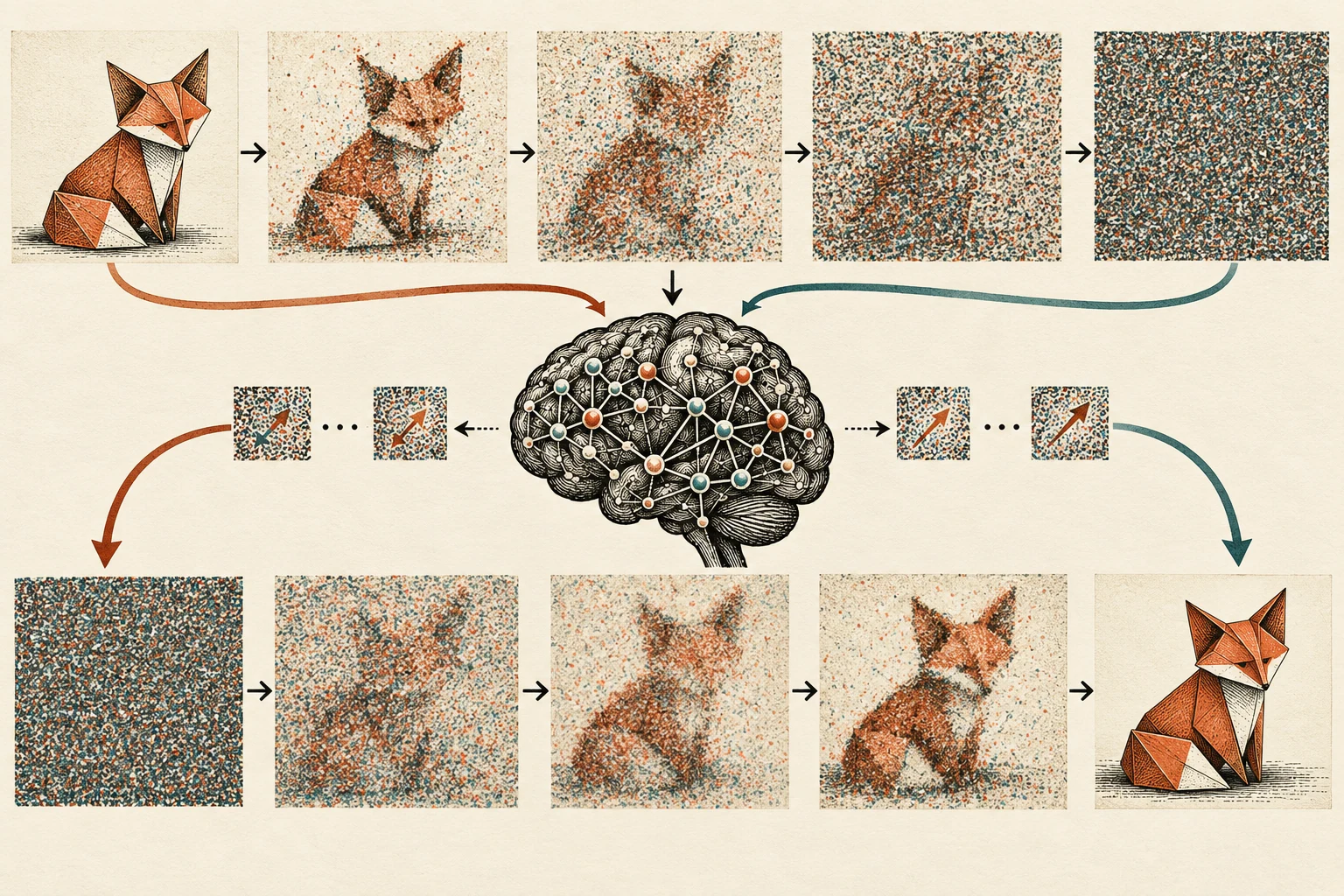 Visual metaphor for “Diffusion models”. Successive denoising steps build up image structure rather than uncovering a single pre-existing photograph hidden inside random noise.