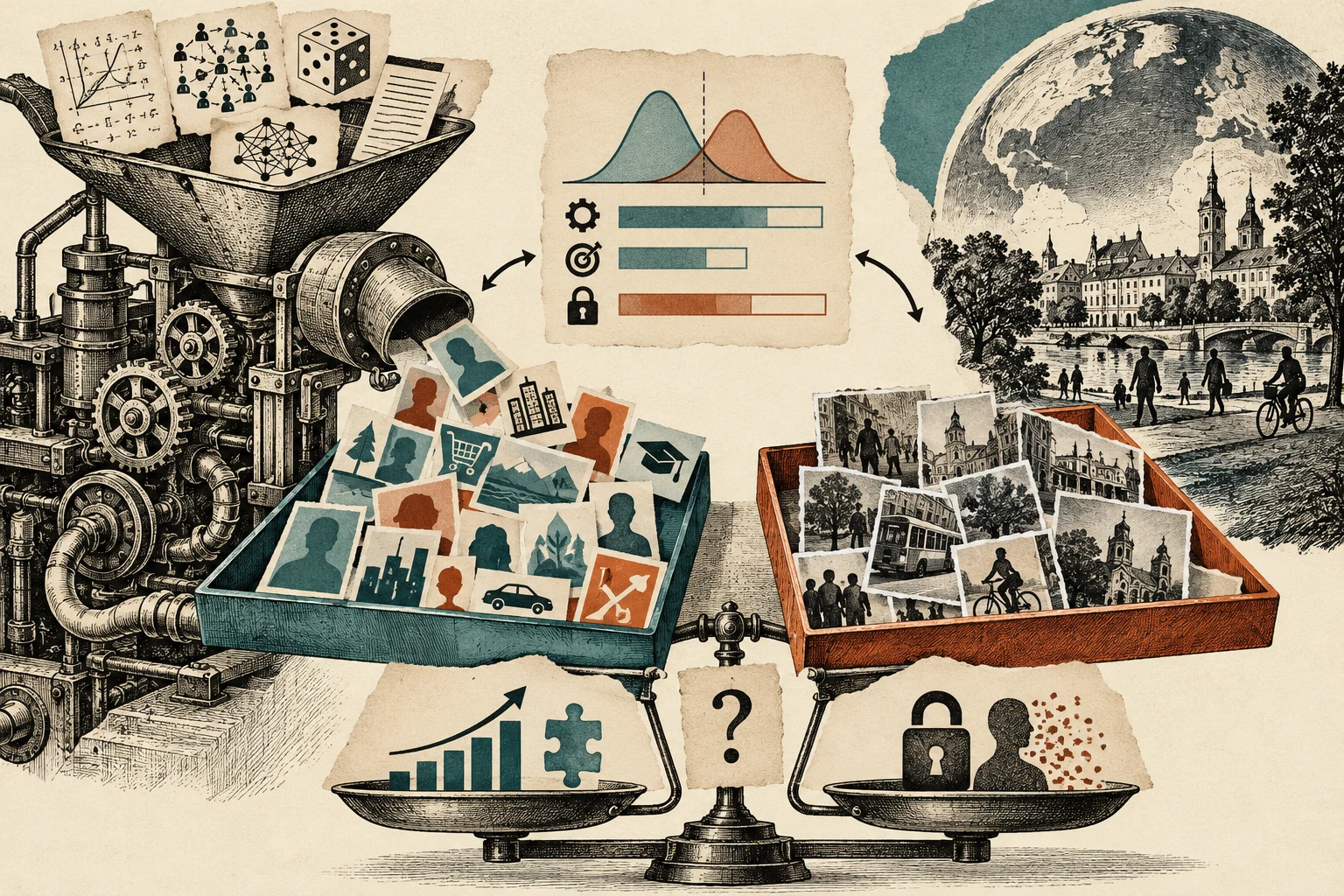 Visual metaphor for “Synthetic data”. A simulator generates training examples whose quality and coverage are checked against real observations; synthetic origin guarantees neither representativeness nor privacy.