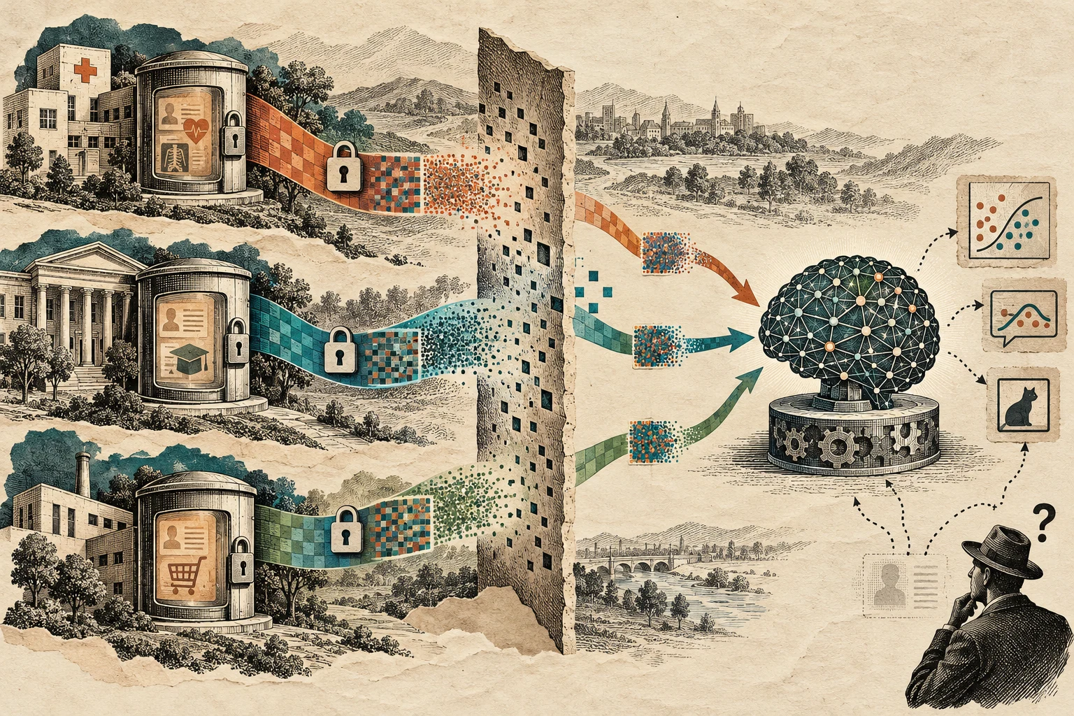 Visual metaphor for “Privacy-preserving machine learning”. Training draws on protected aggregate signals while restricting access to individual records, with actual protection depending on the method and its assumptions.