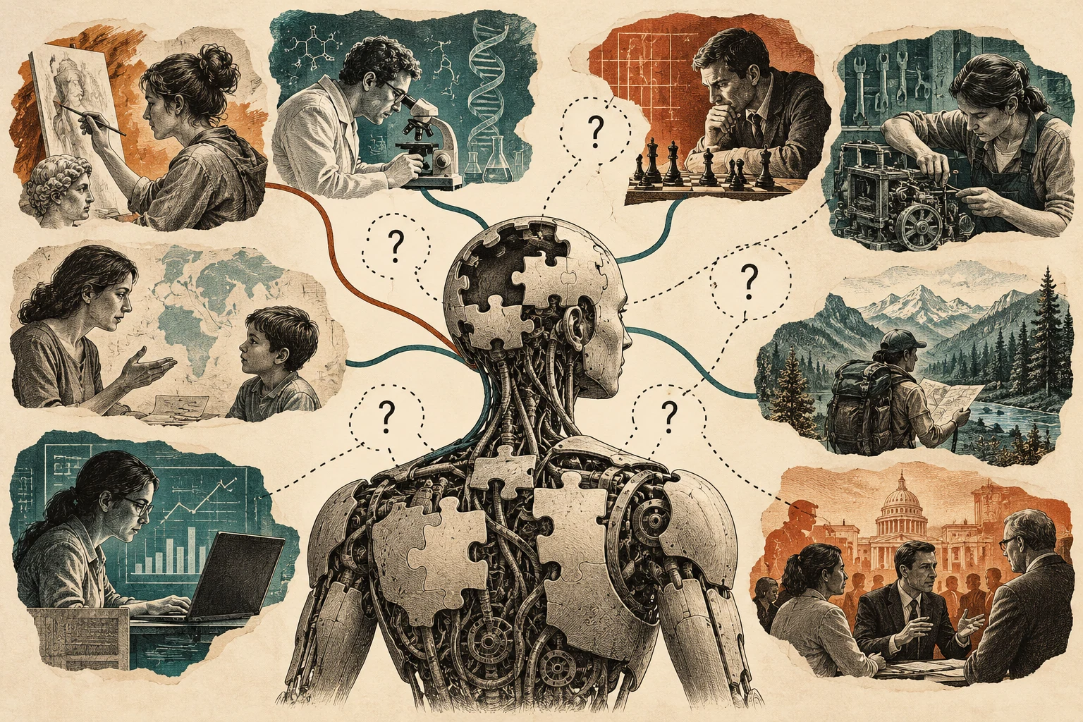 Visual metaphor for “Artificial general intelligence (AGI)”. The system is meant to transfer capabilities across diverse, unfamiliar tasks; unfinished links represent an aspiration and contested criteria rather than achieved AGI.