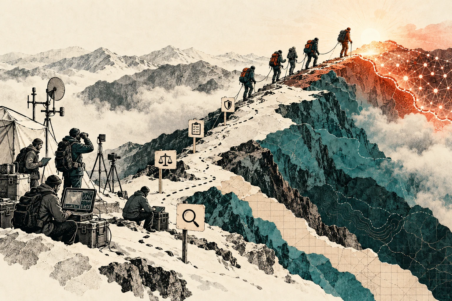 Visual metaphor for “Frontier AI”. The capability boundary advances as models develop and evaluations race to keep up; the term refers to the moving cutting edge.