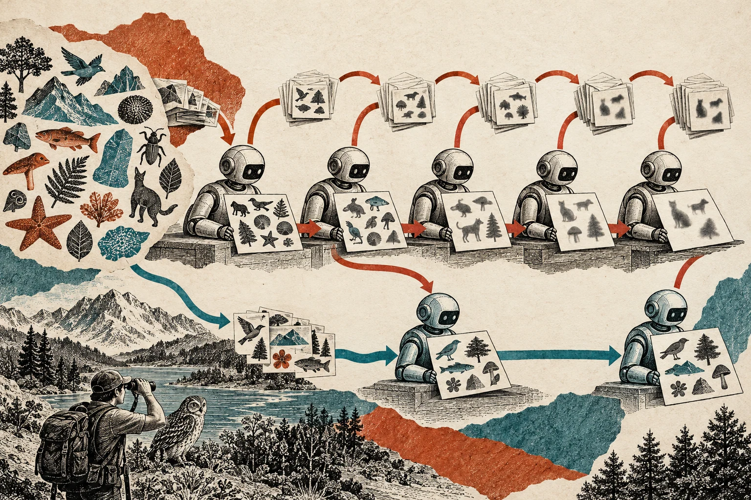 Visual metaphor for “Model collapse”. Successive generations trained on their own outputs lose rare variants, though fresh real data and careful curation can alter the trajectory.