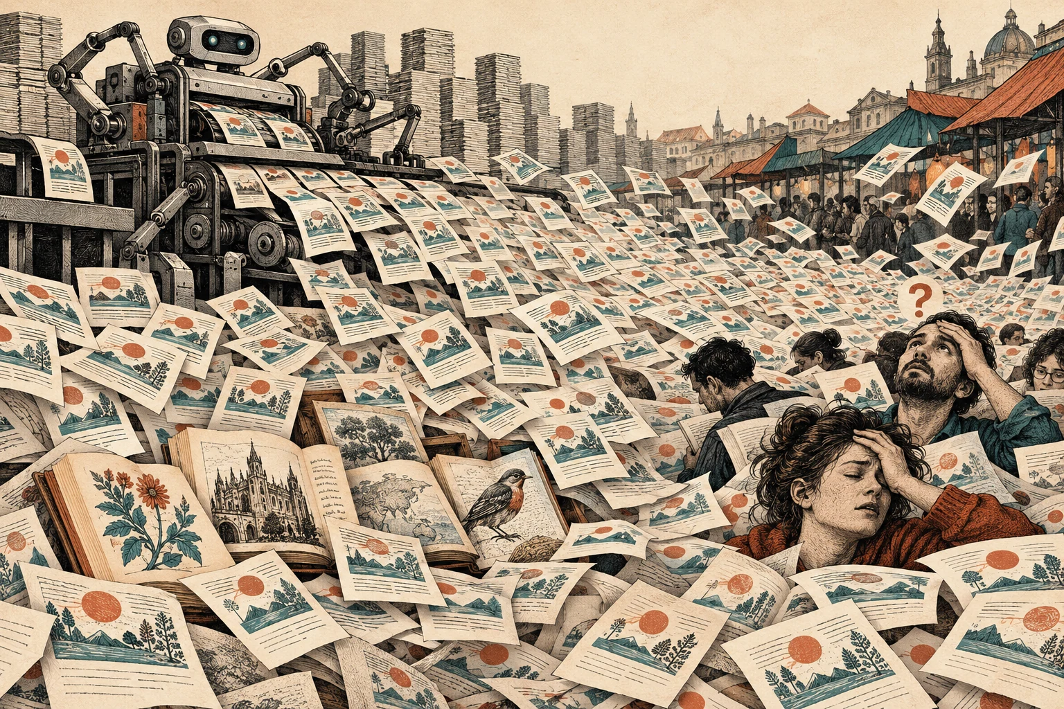 Visual metaphor for “AI slop”. Mass production of cheap, low-value content burdens audience attention; the image critiques volume and low quality rather than every use of AI.