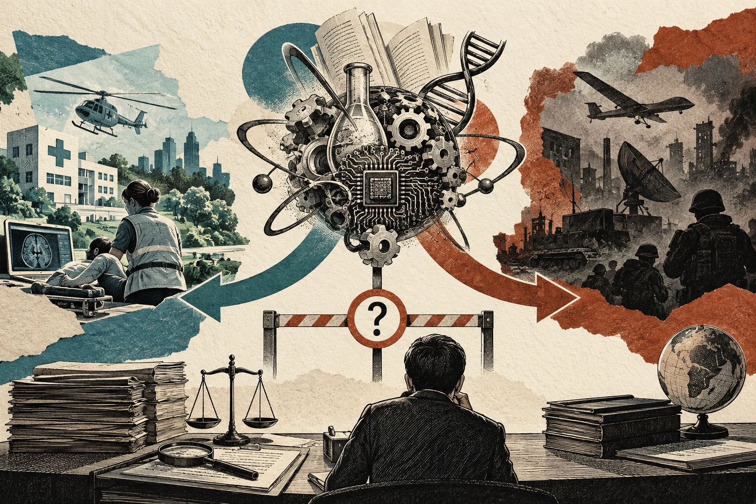 Visual metaphor for “Dual-use technology”. The same technical capability can serve starkly different ends, with outcomes shaped by context, access, and governance.