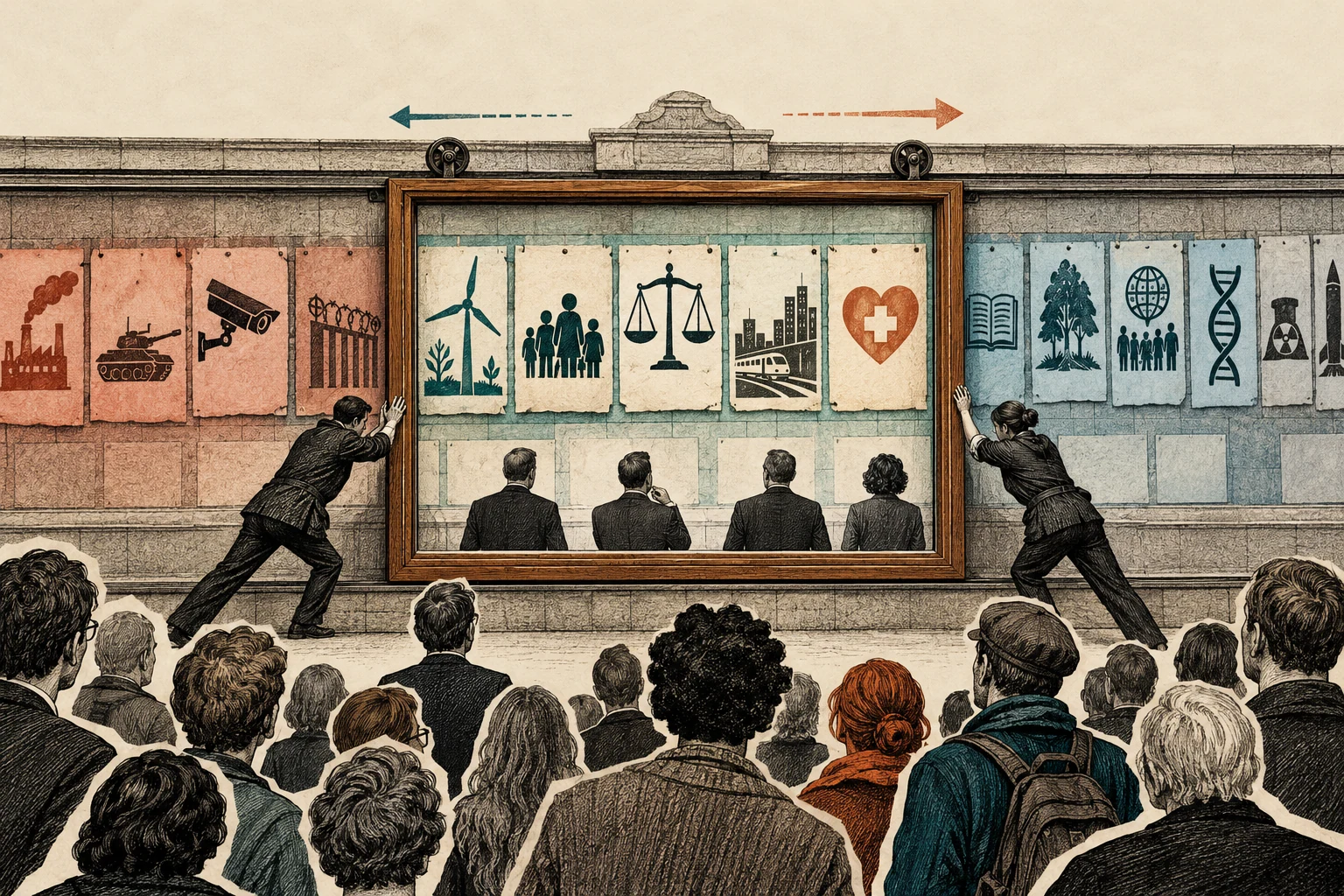Visual metaphor for “Overton window”. A shifting frame alters which proposals are treated as acceptable in public debate, though acceptability is not the same as truth or merit.