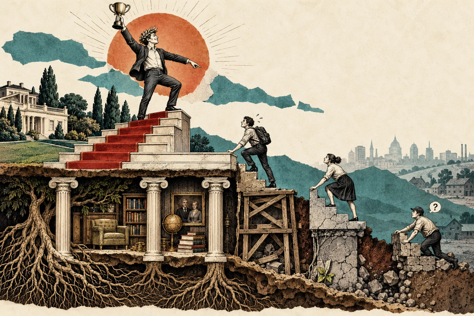 Visual metaphor for “Tyranny of merit”. Victory is presented as purely self-earned even when starting foundations are unequal, and the critique targets the moral judgment cast on those who fall short.