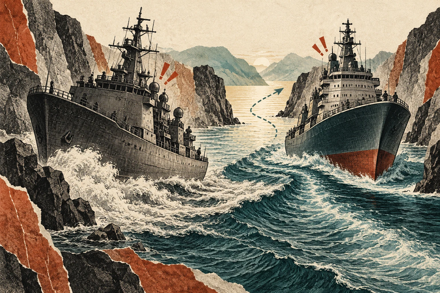Visual metaphor for “Thucydides’s Trap”. Growing strength on one side triggers fear on the other and reciprocal moves heighten tension, while an open negotiating path recalls that war is not inevitable.
