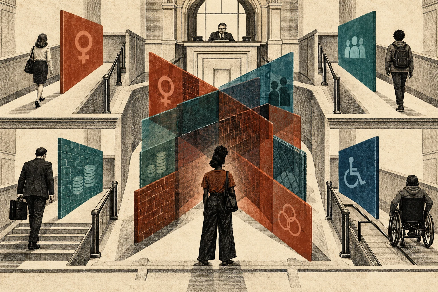 Visual metaphor for “Intersectionality”. Intersecting barriers create a specific experience of exclusion that cannot be captured by analyzing each axis separately and simply adding the effects together.