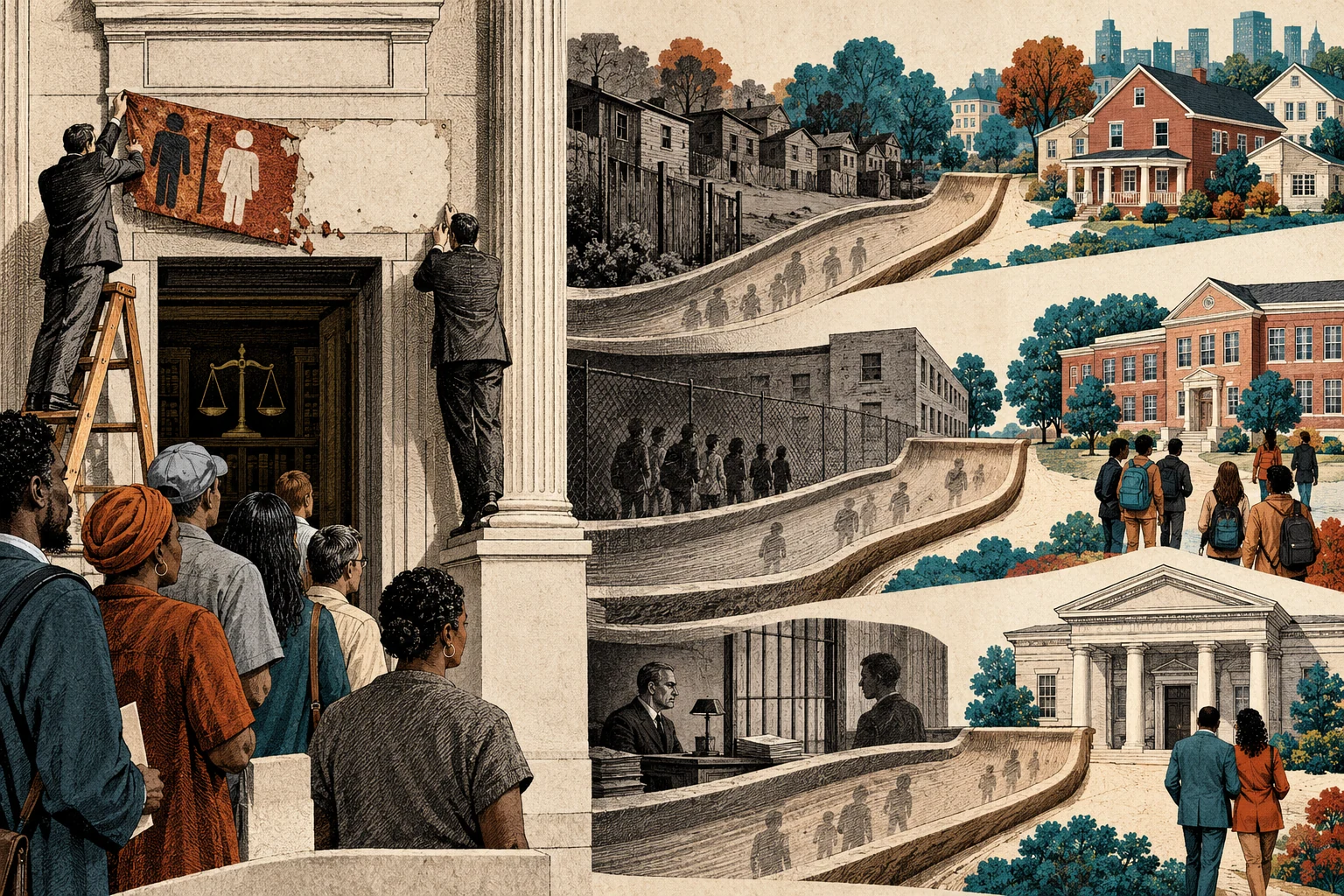 Visual metaphor for “Critical race theory (CRT)”. Removing an explicitly discriminatory rule does not automatically undo its entrenched institutional aftermath—illustrating the structural questions asked in this tradition.