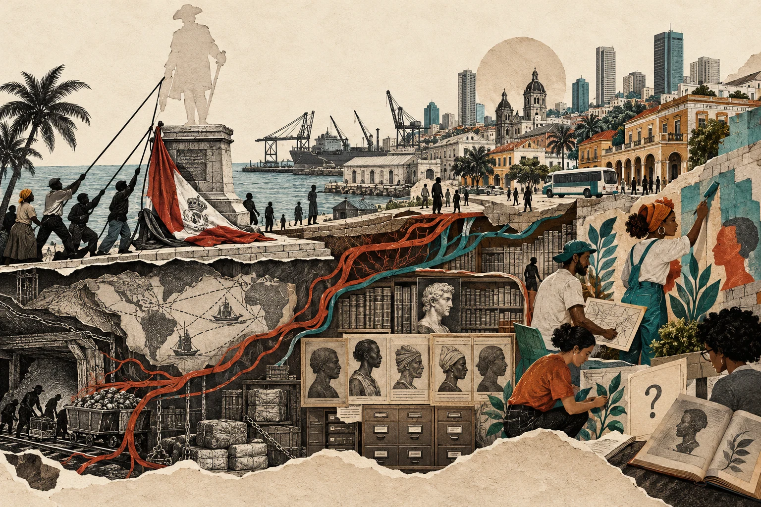 Visual metaphor for “Postcolonialism”. The formal end of colonial rule leaves lasting imprints on resource flows, language, and knowledge, which local actors also work to contest and reshape.