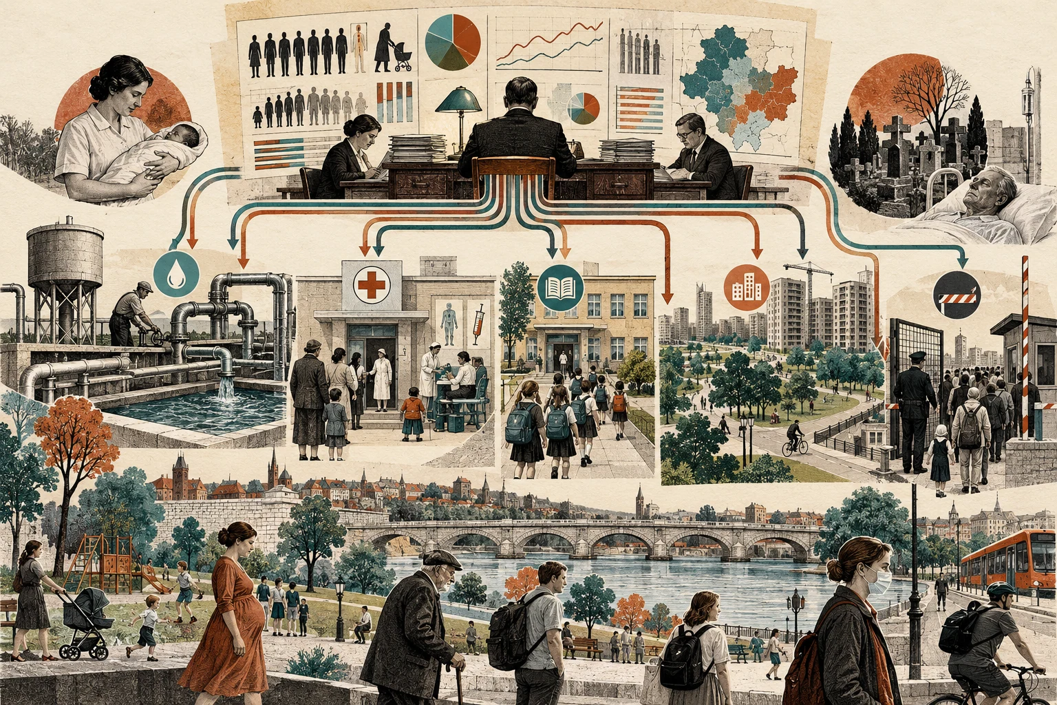 Visual metaphor for “Biopolitics”. Institutions organize population life through care, administration, and regulation, showing how power operates productively by shaping conditions of living.